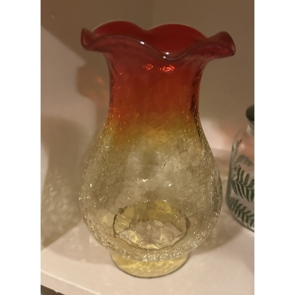 Vintage Vibrant Amberina Heavy Crackle Glass Hurricane Lamp Chimney Shade Globe